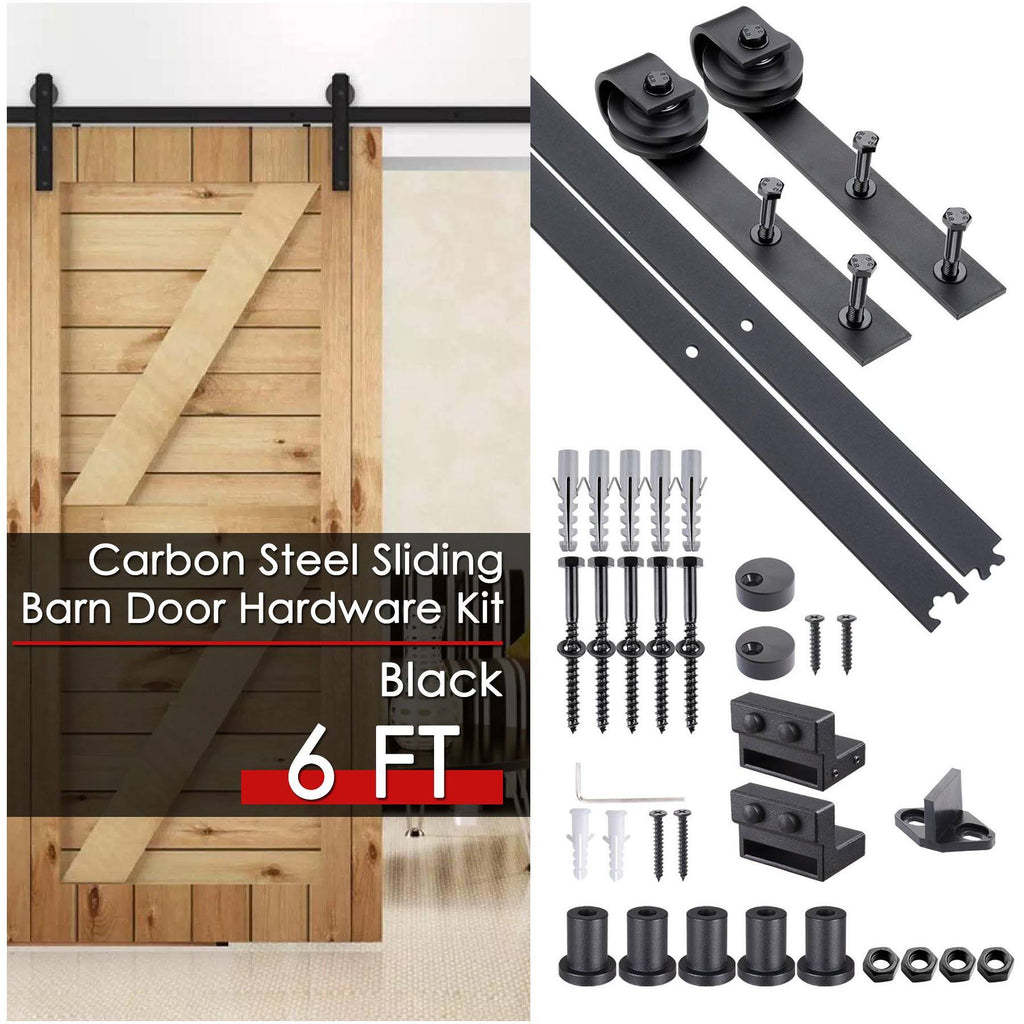 6 ft Carbon Steel Sliding Barn Door Hardware Kit Track Rail Roller Set Black L907074