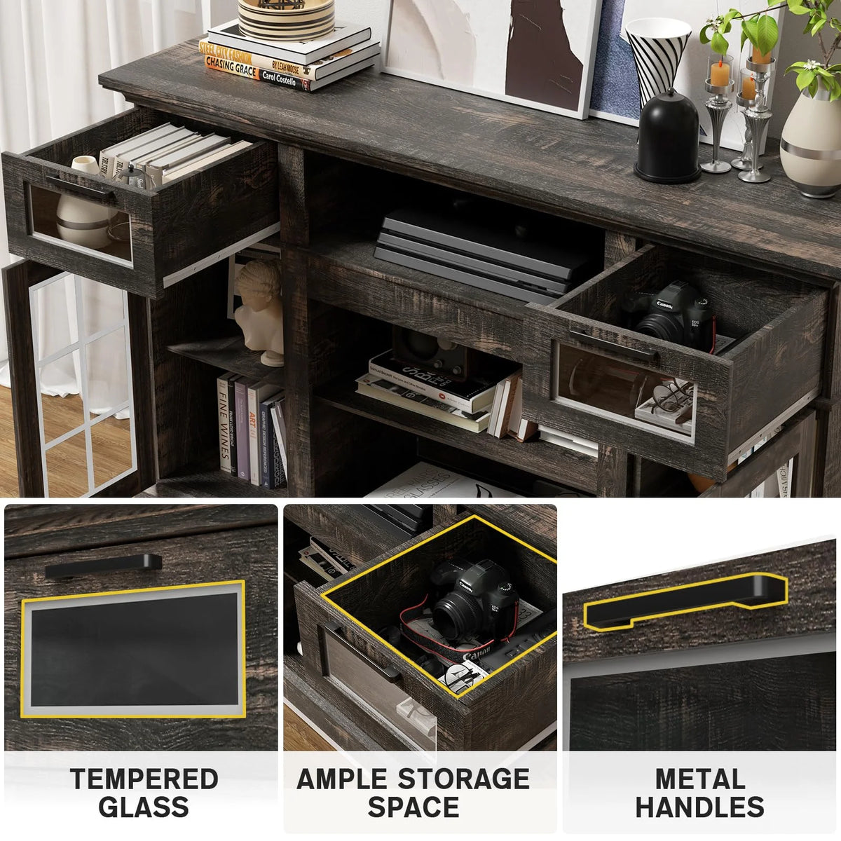 Dark Oak Tall TV Stand with Glass Door I149391