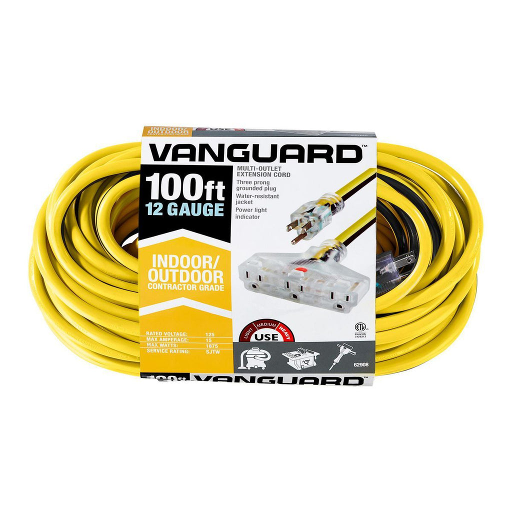 100 ft. 12/3 Gauge Multiple Outlet Extension Cord with Indicator Light, Yellow, Black C501