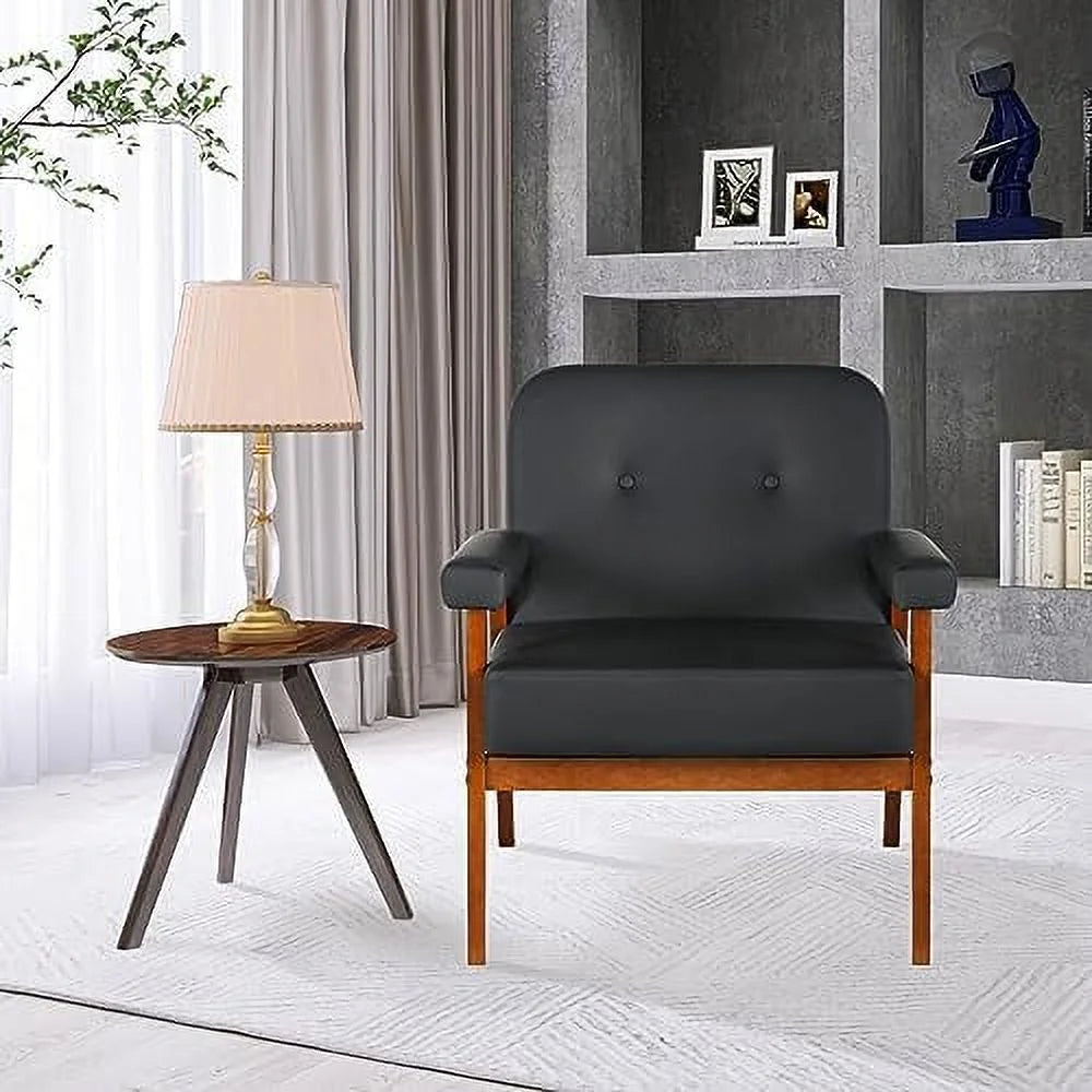 Black Faux Leather Accent Chairs Set of 2 with Wood Arms I3014