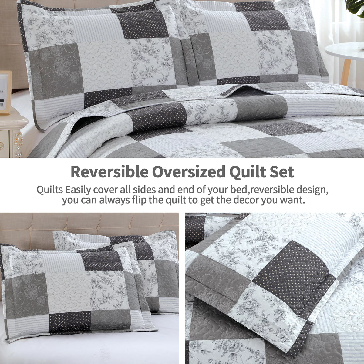 Queen/Full Size Floral Patchwork Quilt Microfiber Bedspread C472281