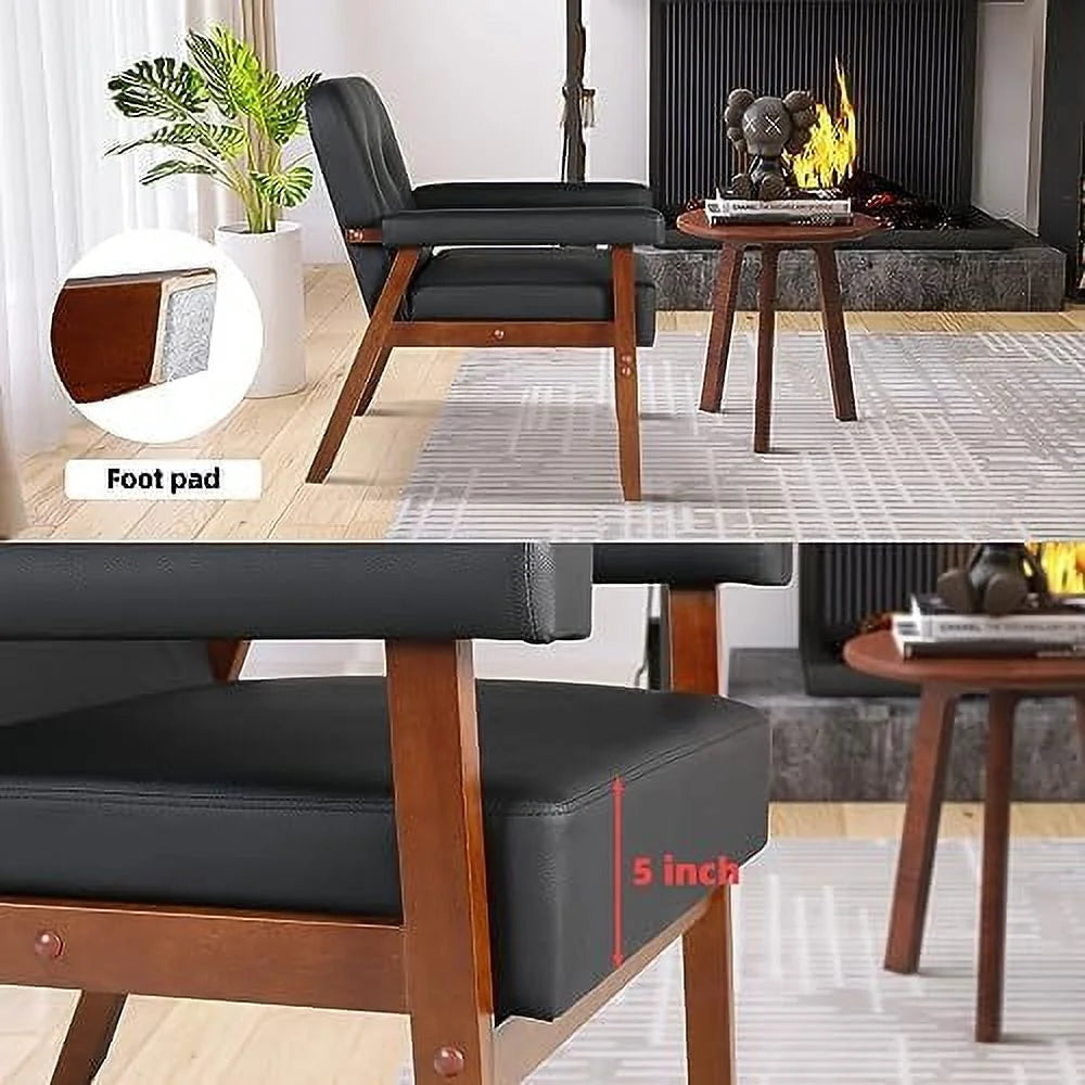 Black Faux Leather Accent Chairs Set of 2 with Wood Arms I3014
