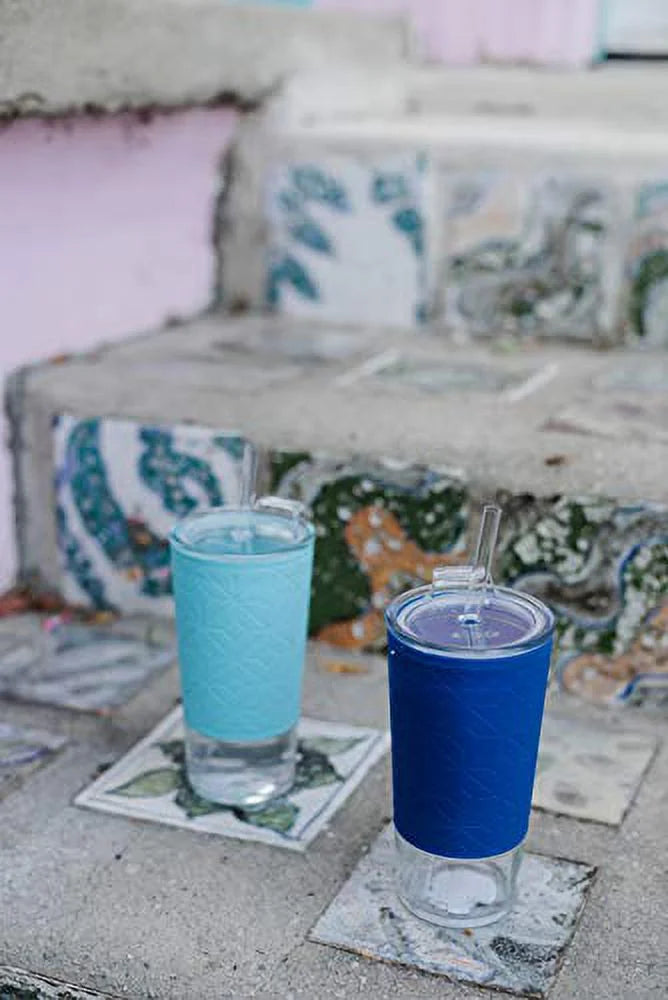 20 oz Blue Glass Tumbler with Straw Z22628