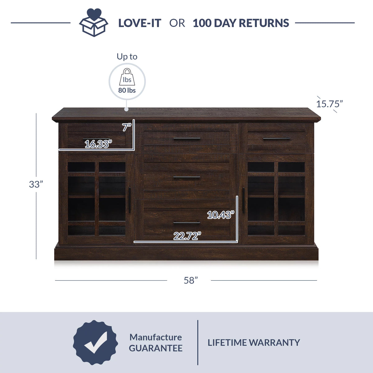 Espresso Sideboard Buffet Console Table with Drawers and Adjustable Shelves X13710