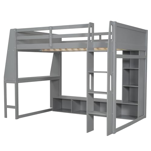 Full Size Solid Wood Loft Bed with Desk and Storage, Grey U559