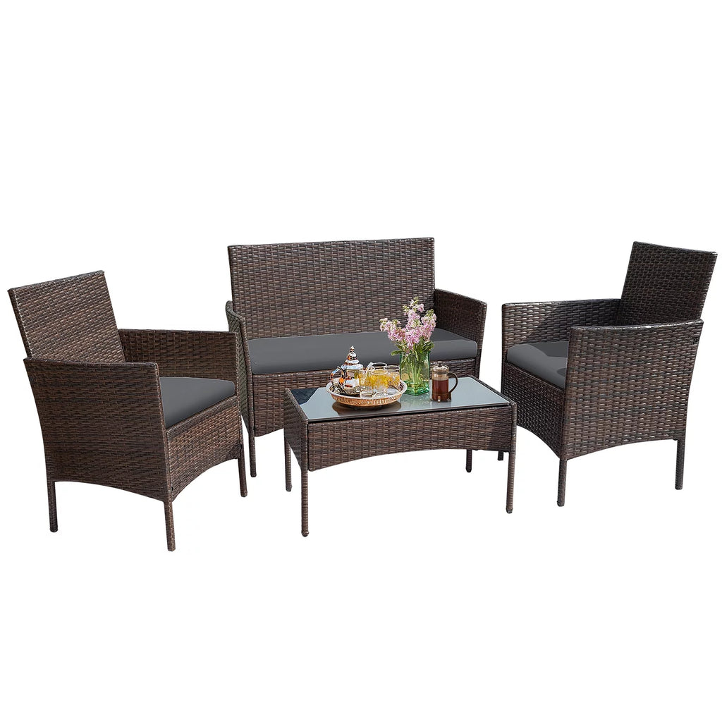 4 Pieces Brown PE Rattan Patio Conversation Set X151613