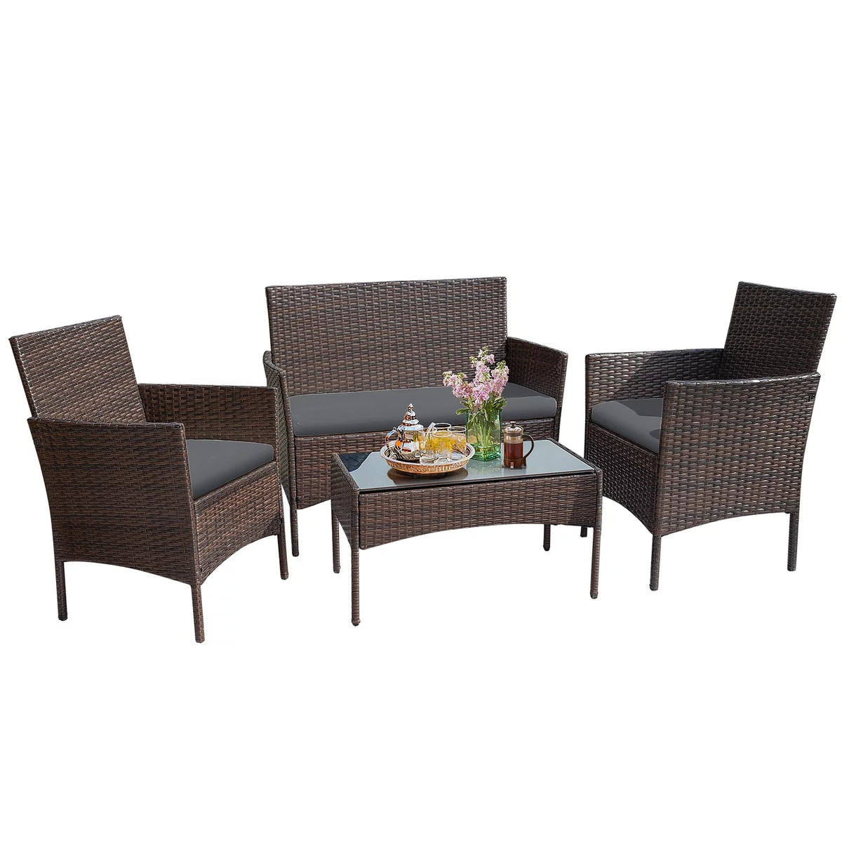 4 Pieces Brown PE Rattan Patio Conversation Set X151613