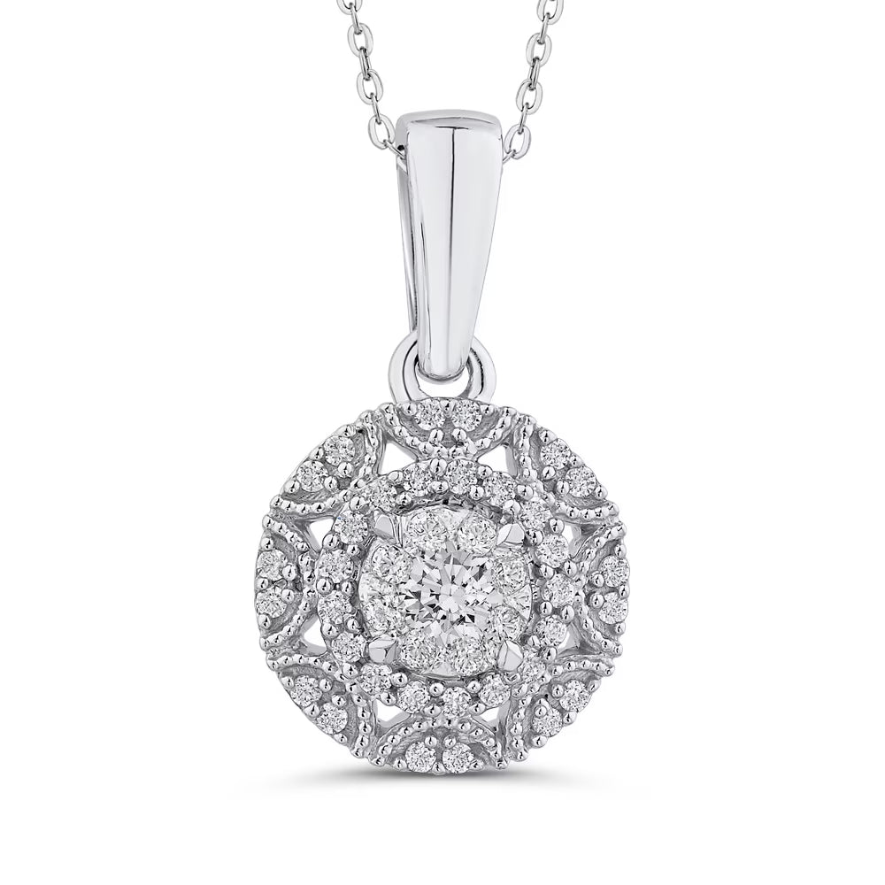 Diamond Cluster Halo Pendant Necklace in 10k White Gold E4163