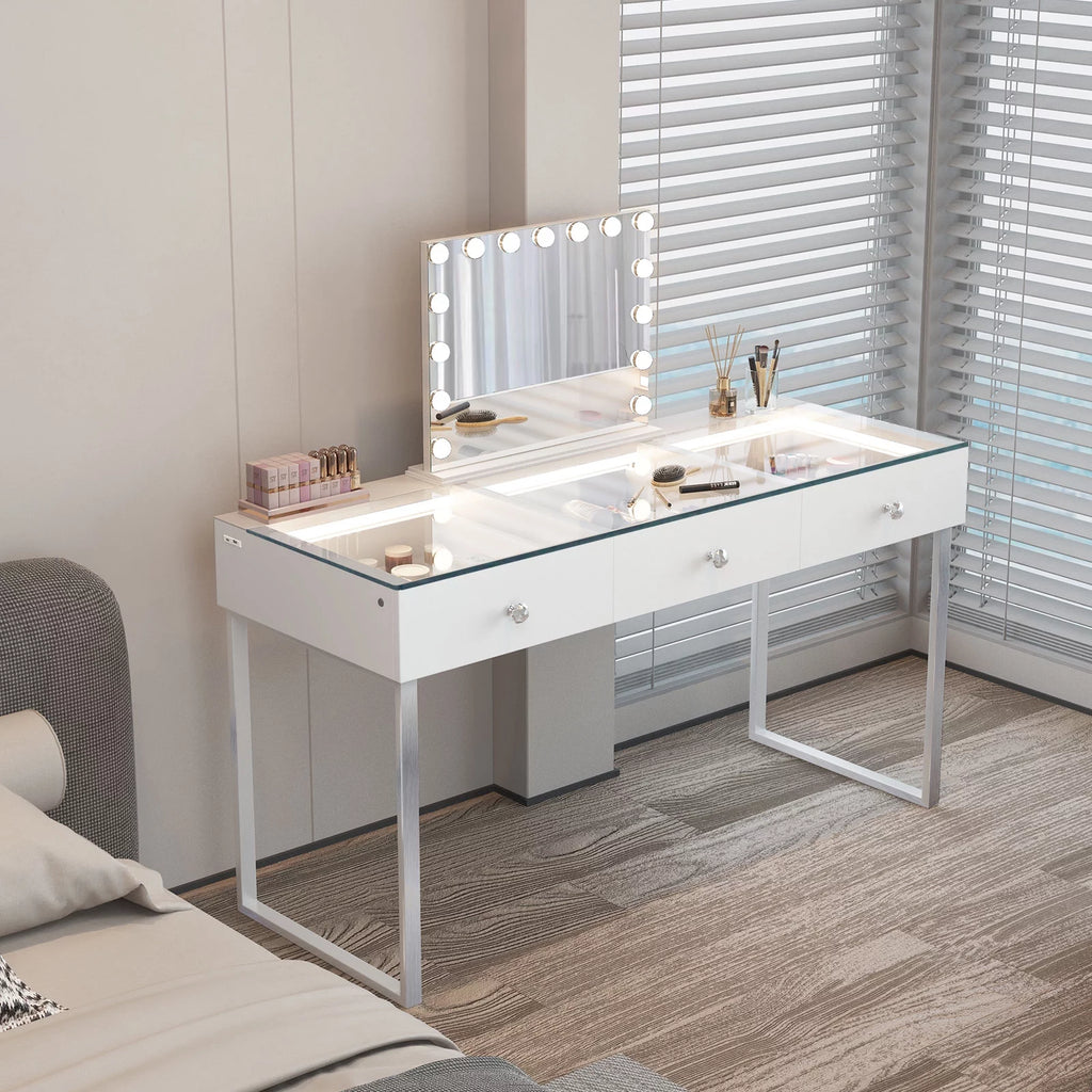 3-Drawer Vanity Table with LED Light and Charging Port L731