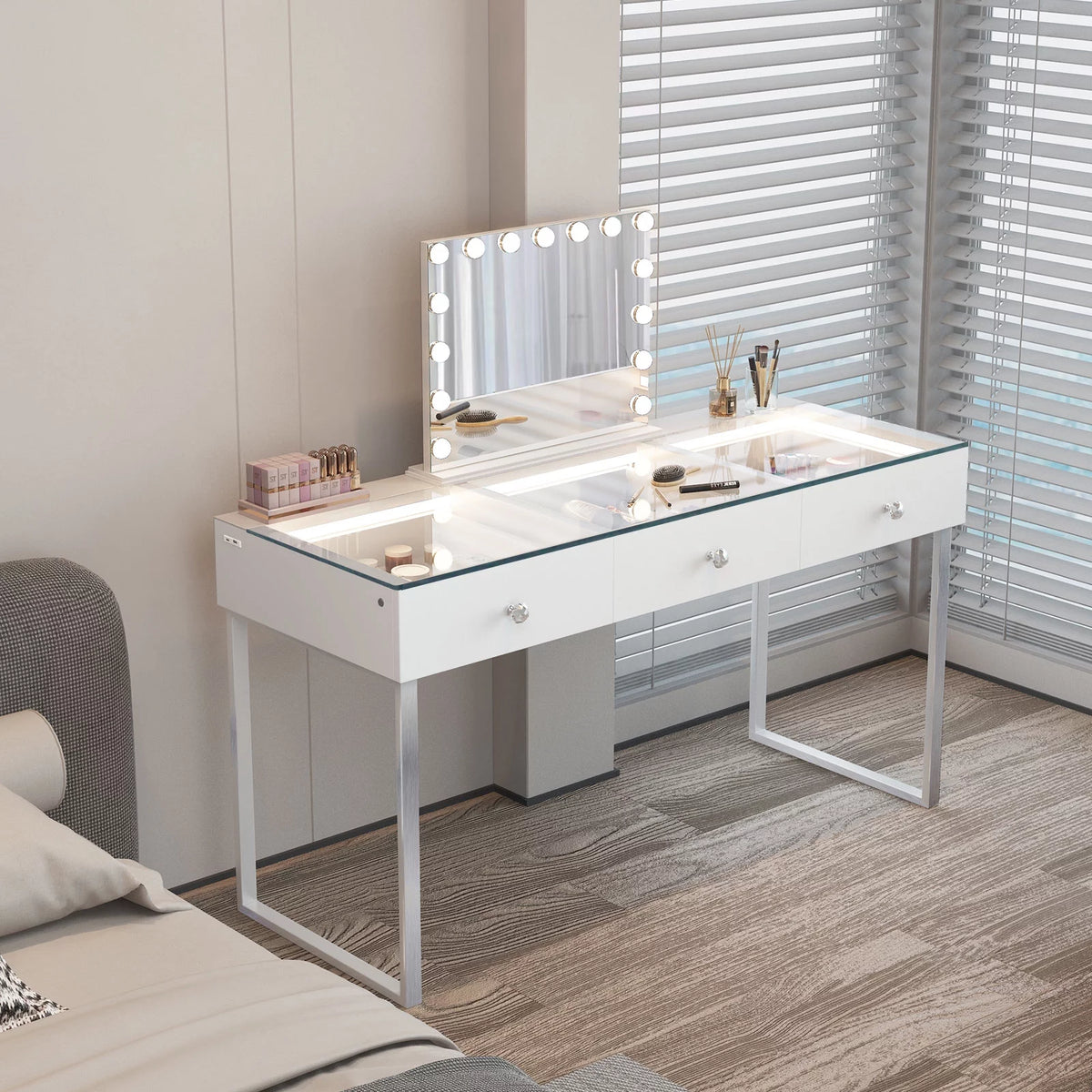 3-Drawer Vanity Table with LED Light and Charging Port L731