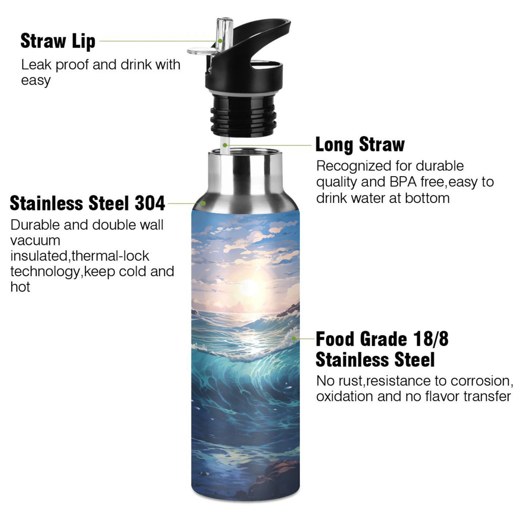 Stainless Steel Insulated Thermos Vacuum Flask Water Bottle with Straw Lid L384130