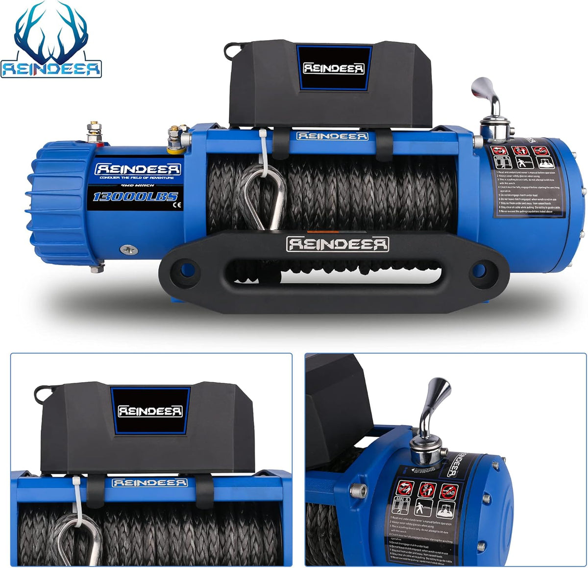 12V 13000 lb Electric Winch Synthetic Rope with Hawse Fairlead Waterproof IP67 A95443