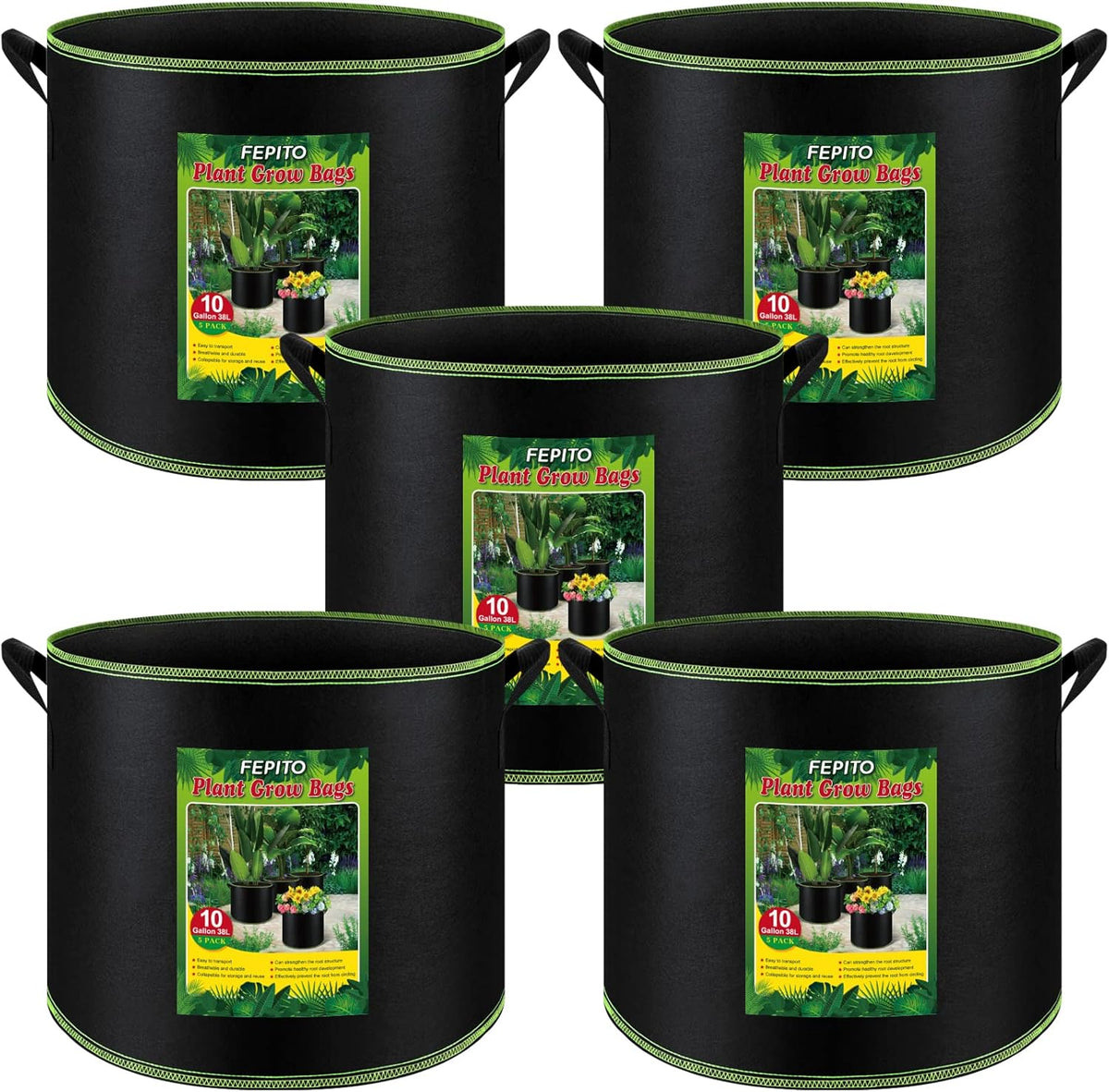 5 Pack 10 Gallon Heavy Duty Aeration Fabric Grow Bags with Handles U2320
