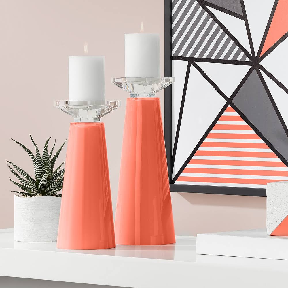 Orange Glass Pillar Candle Holders Set of 2 B4868