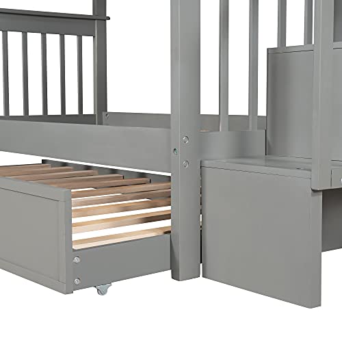 White Twin Over Twin Solid Wood Bunk Bed with Stairs and Trundle M7581