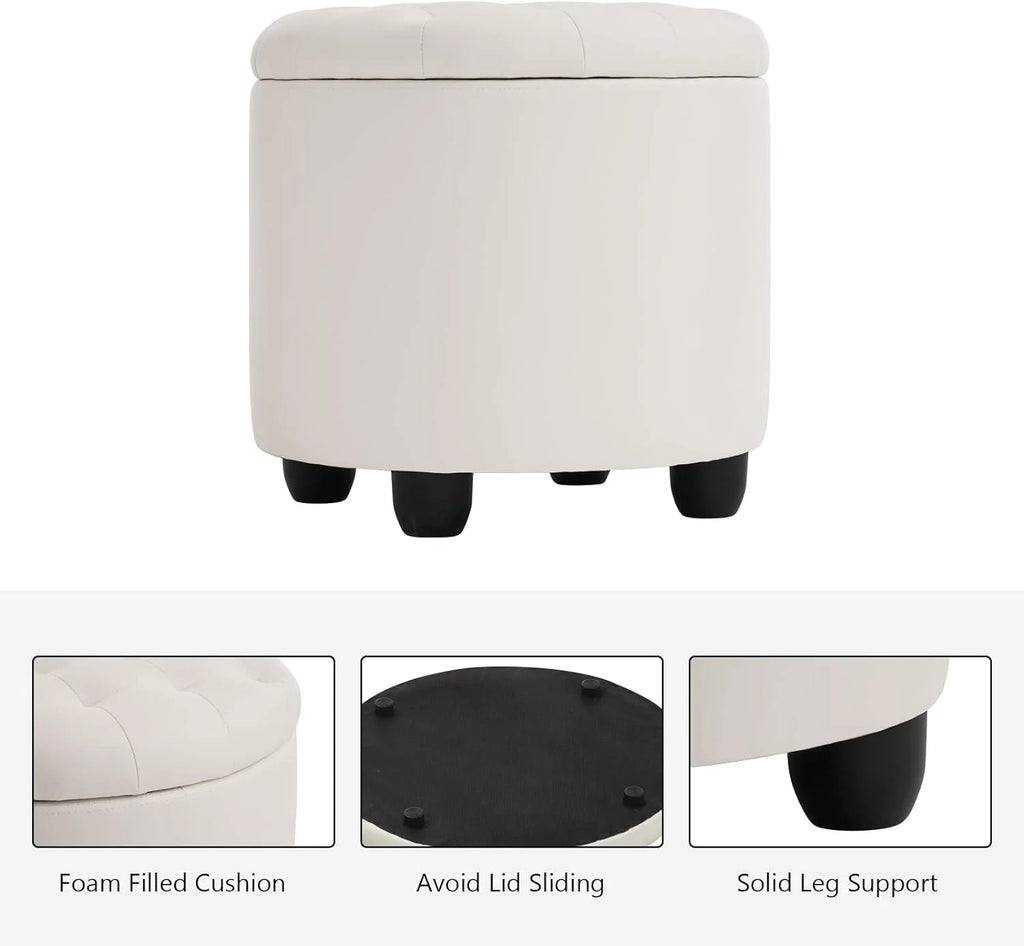 19" Round Storage Ottoman with Cover Lid Tufted PU Leather Fabric Ottoman Z588186