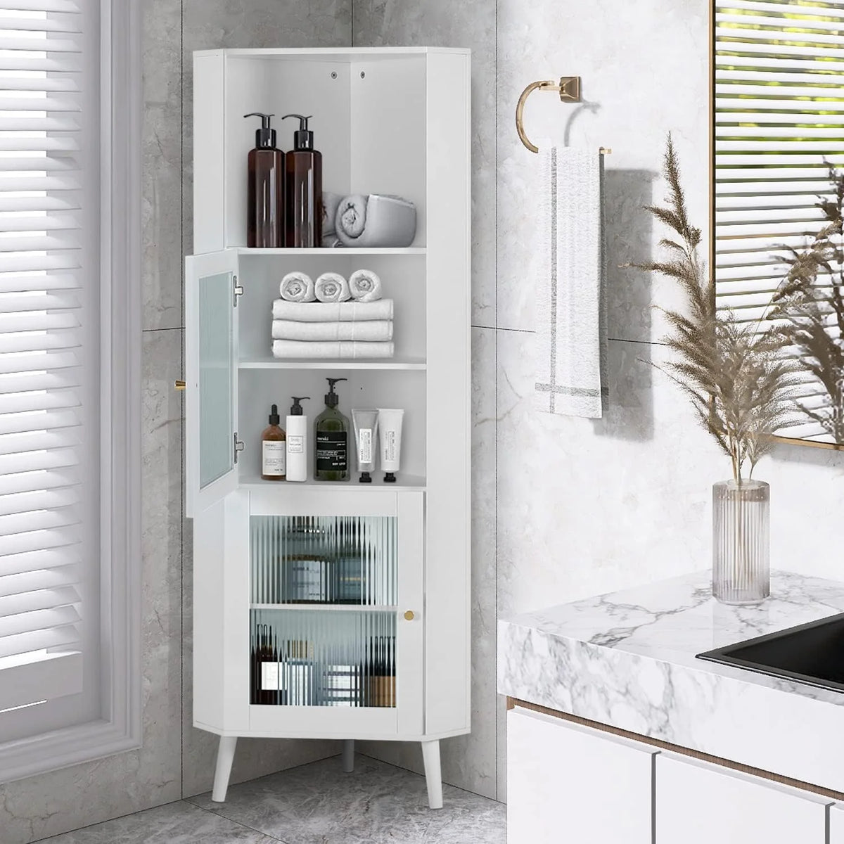 White Corner Cabinet with Glass Doors P5027