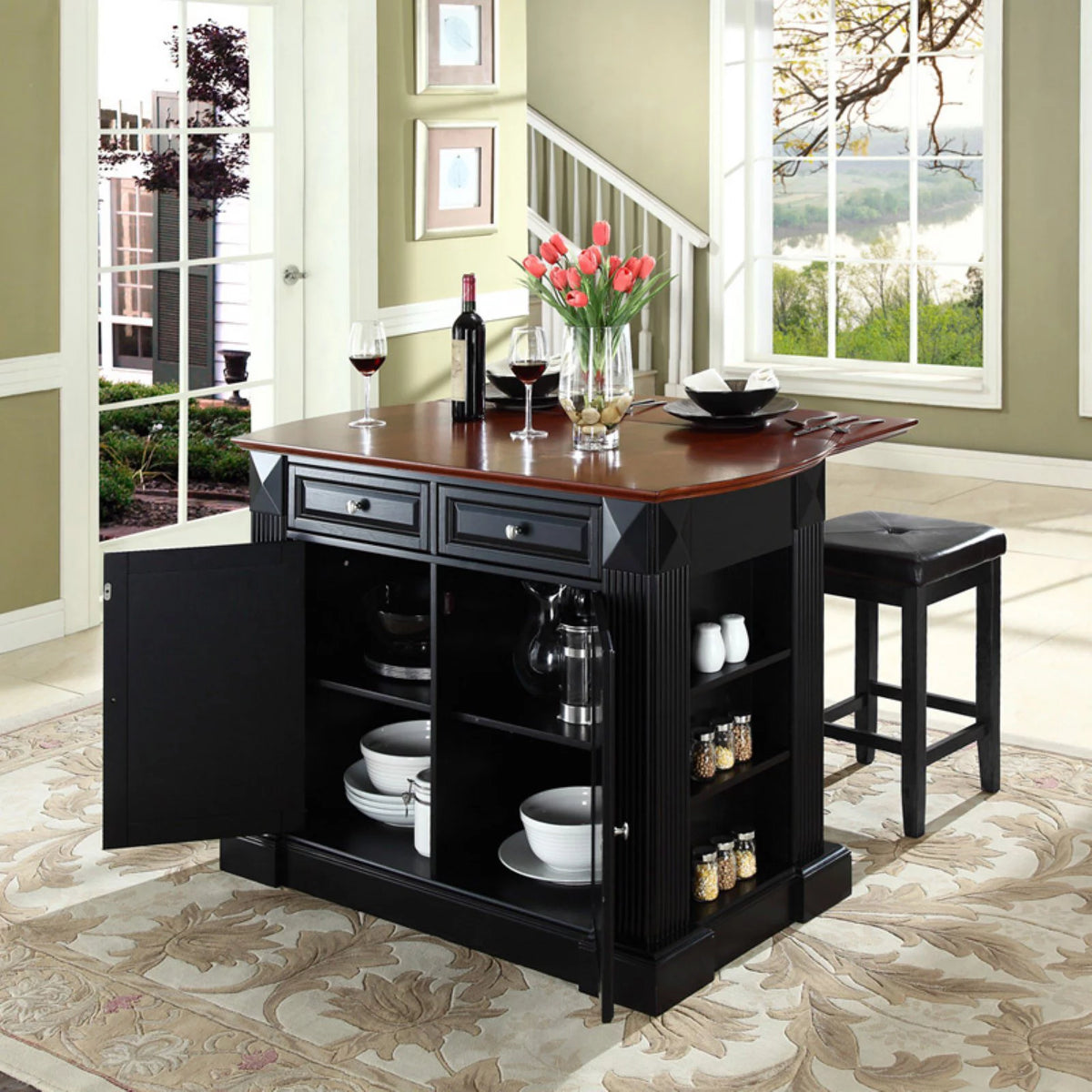Drop Leaf Kitchen Island with Upholstered Square Seat Stools M54675