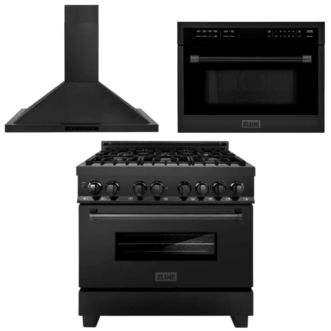 36 in. Dual Fuel Range, Range Hood, Microwave Oven in Black Stainless Steel S261