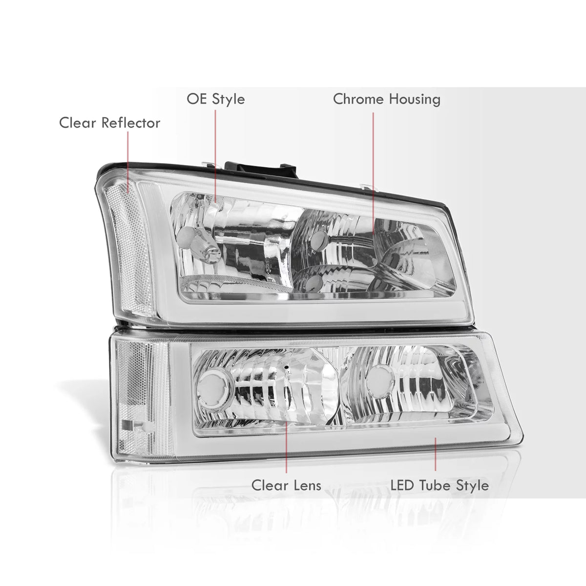 LED DRL Chrome Housing Clear Lens Signal Headlights LH & RH F4703