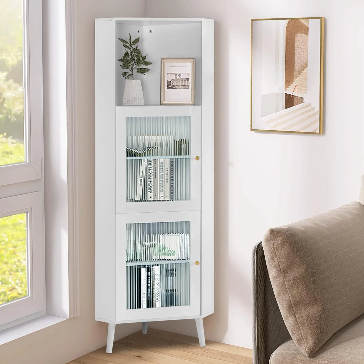 White Corner Cabinet with Glass Doors P5027
