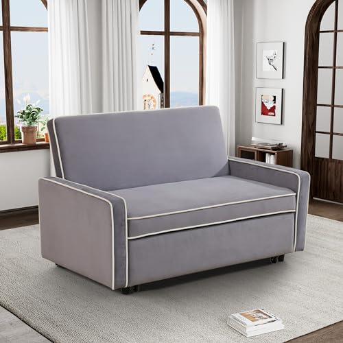 Grey 3 in 1 Convertible Sleeper Sofa with Pullout Bed Flannel 2 Seater Futon Loveseat Couch Bed O797033