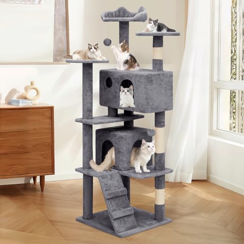 60 Inch Smoky Grey Cat Tree with 2 Cat Condo and Scratching Post G11491
