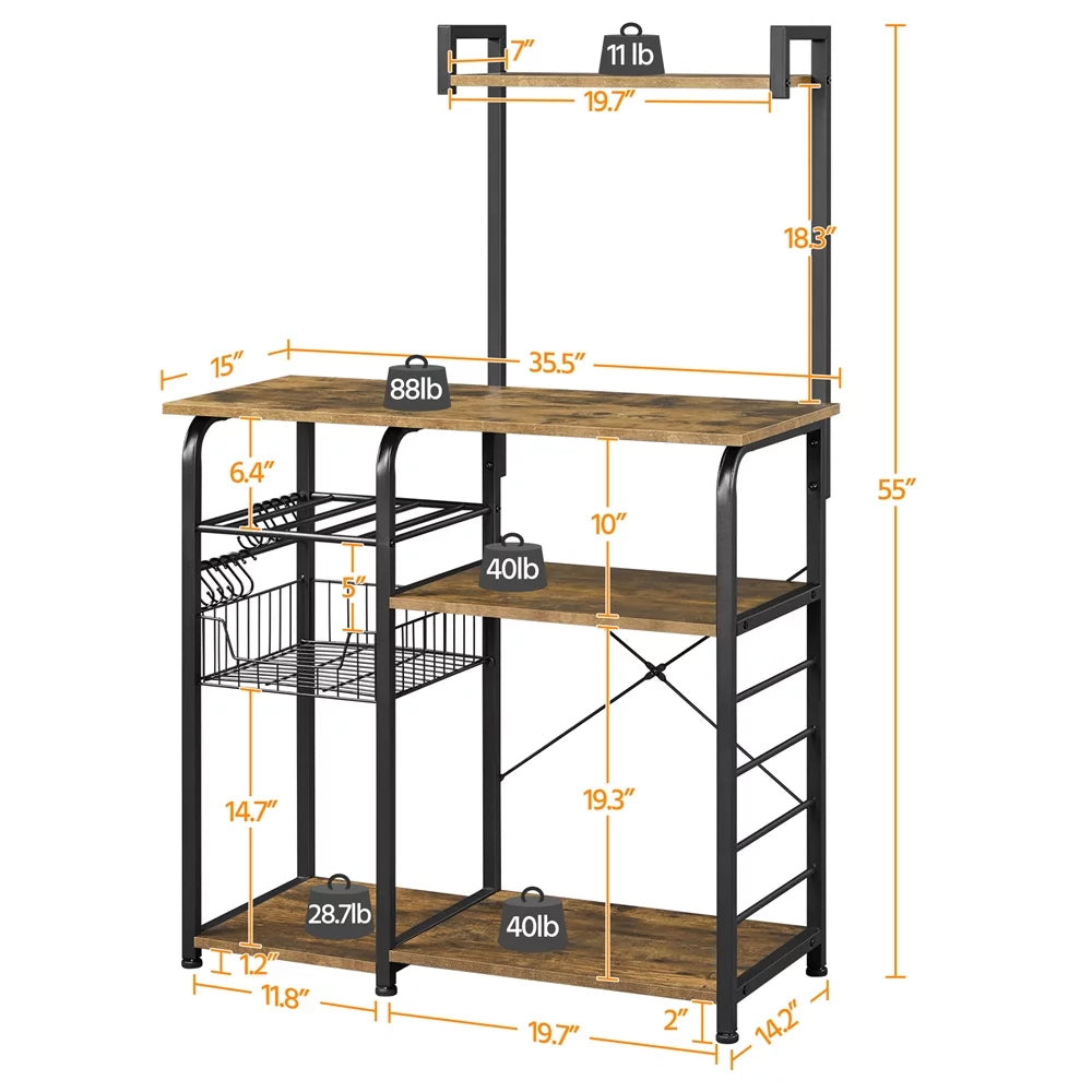 35.5" Kitchen Storage Shelf Baker's Rack with 10 Hooks C266