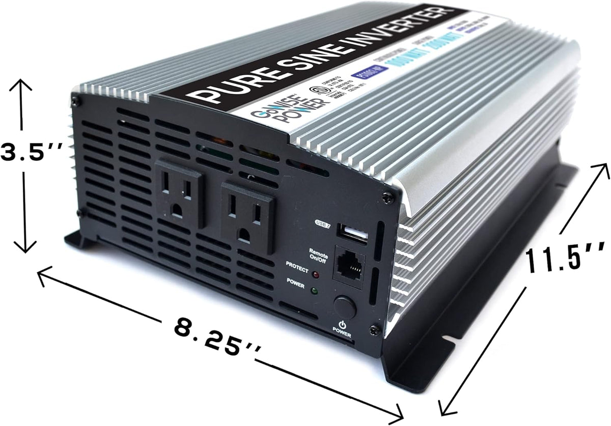 1000W Pure Sine Wave Inverter 12V DC to 120V AC with 2 AC Outlets and USB Port Z493513