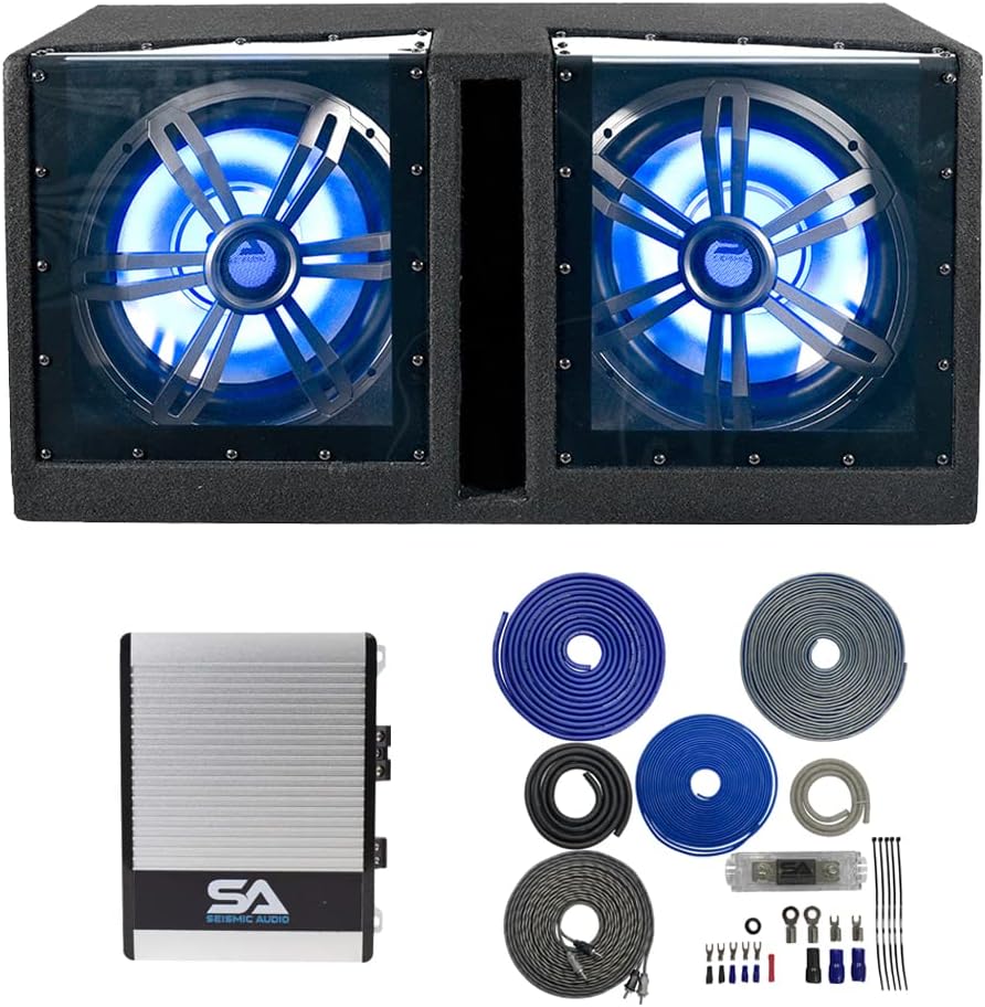 Dual 12 Inch Vented 1200 Watt Car Audio Subwoofer with LED Lights Enclosure Package with Amplifier & Cables A579509