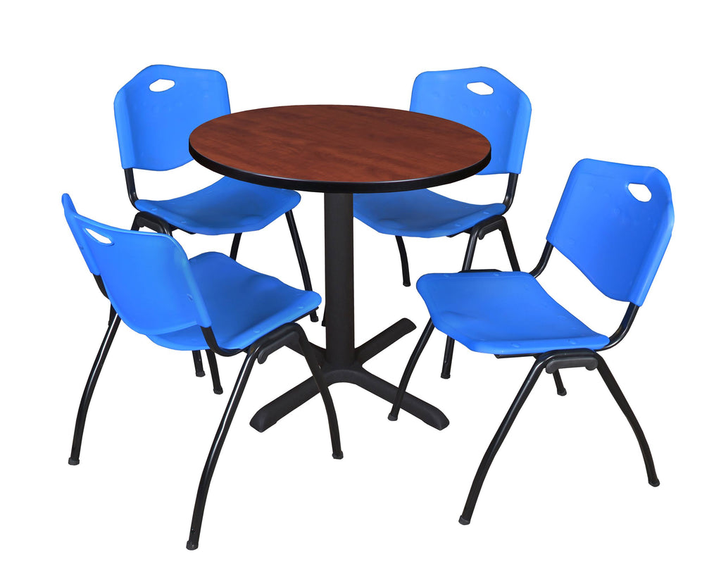 30x22 Round Breakroom Table Grey & 4 Stack Chairs Blue P2780