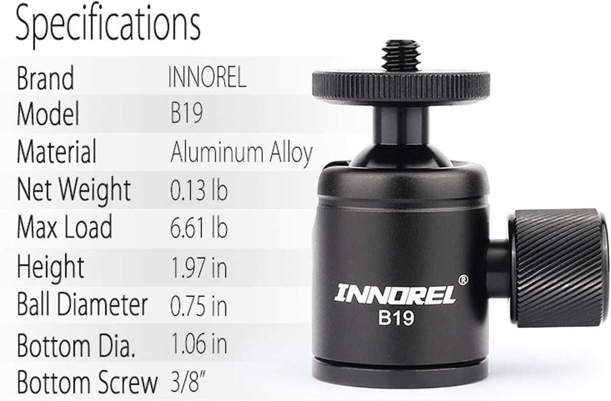 Mini Tripod Ball Head Metal Ballhead 360° Pan 90° Tilt with 3/8 to 1/4 Adapter CNC Ballheads, Max Load 6.61 lb C34383