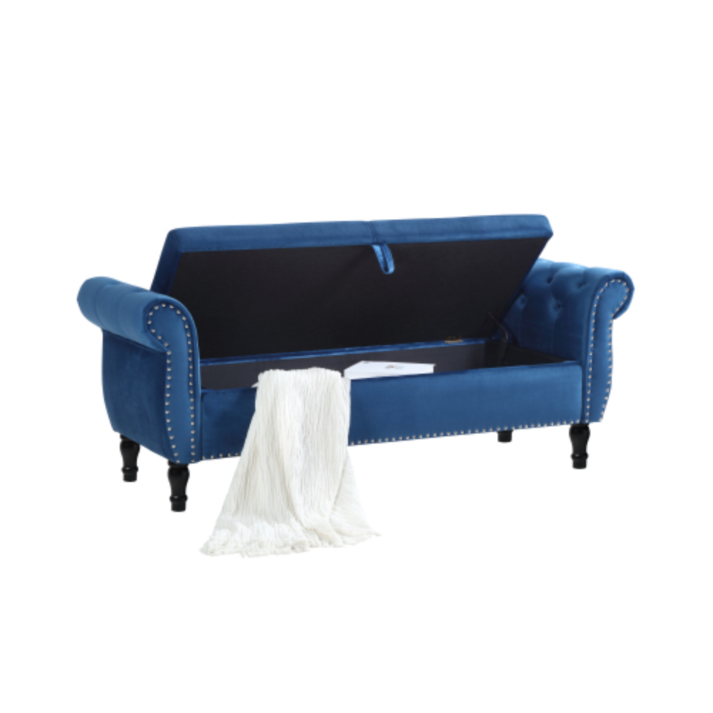 Blue Velvet Storage Bench Ottoman with Pillow O202