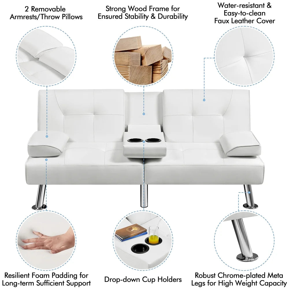 White Faux Leather Futon Sofa Bed with Cup Holders C59052