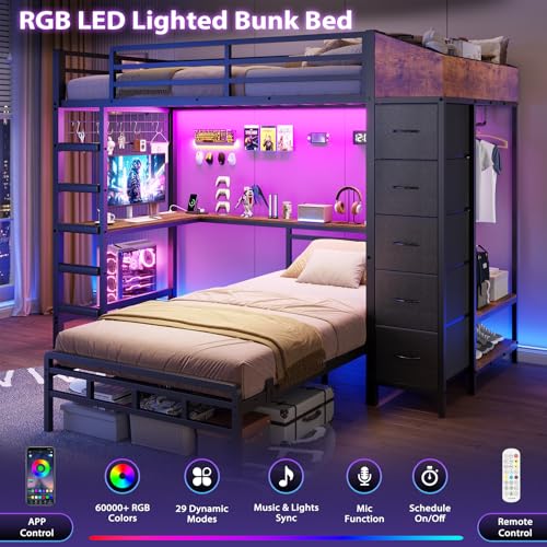 Twin Over Twin L-Shaped Bunk Bed with Desk, 5 Storage Drawers, Guardrail & Stairs, Black O106755