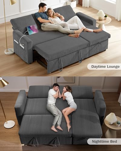 Corduroy Grey L Shaped Sleeper Sofa with Storage Chaise J86254
