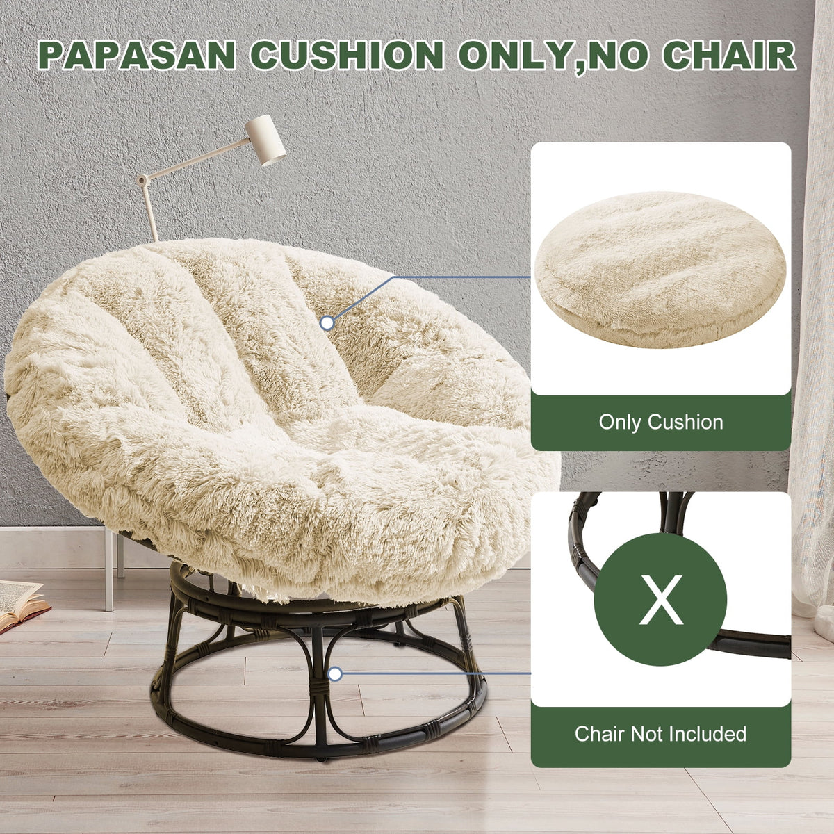 White 48X48 Inch Papasan Chair Cushion with Faux Fur Cover L41196