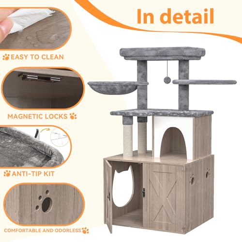 Grey Litter Box Enclosure with Cat Tree and Sisal Scratching Post R2079