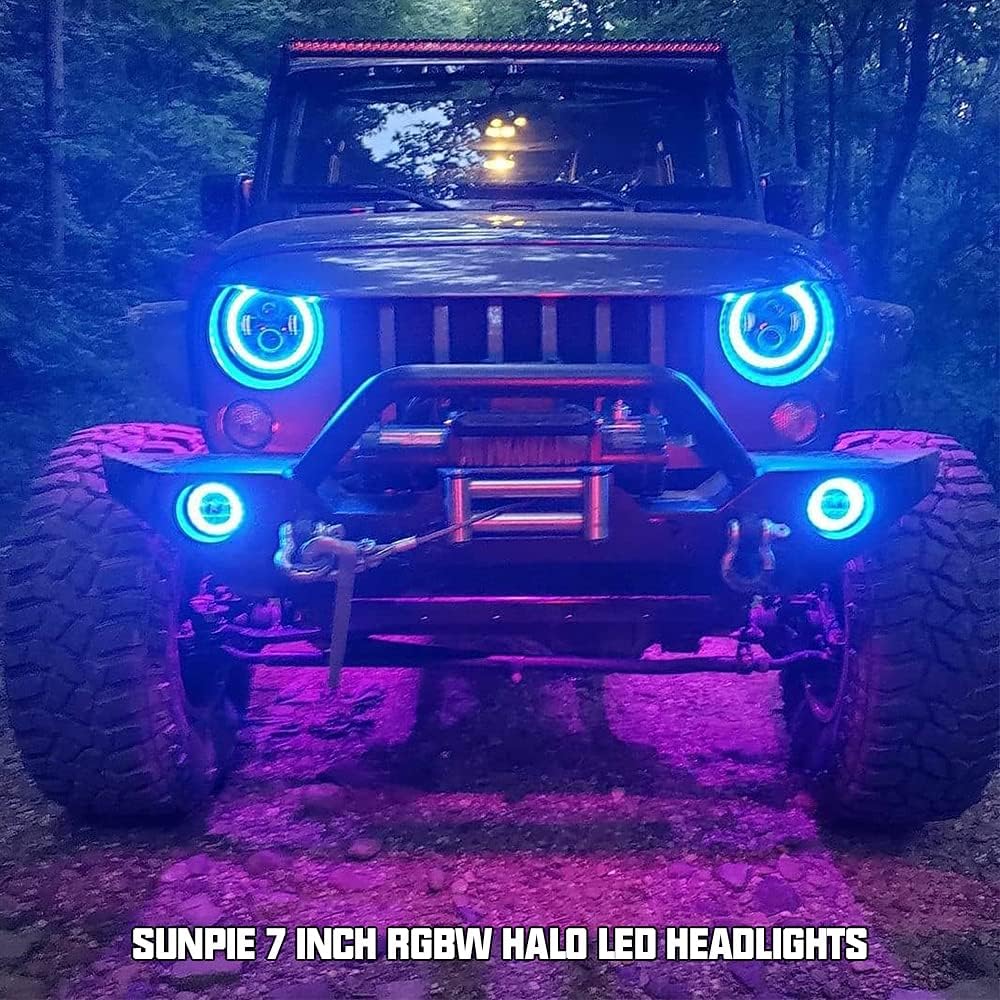 7 inch RGBW Halo LED Headlights and 4 inch Fog Lights Combo D388