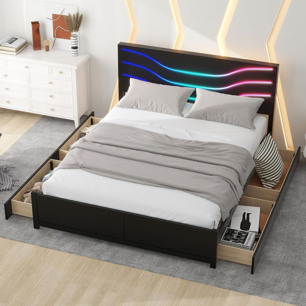 Queen Size Wood Platform Bed Frame with Headboard and 4 Storage Drawers X506331