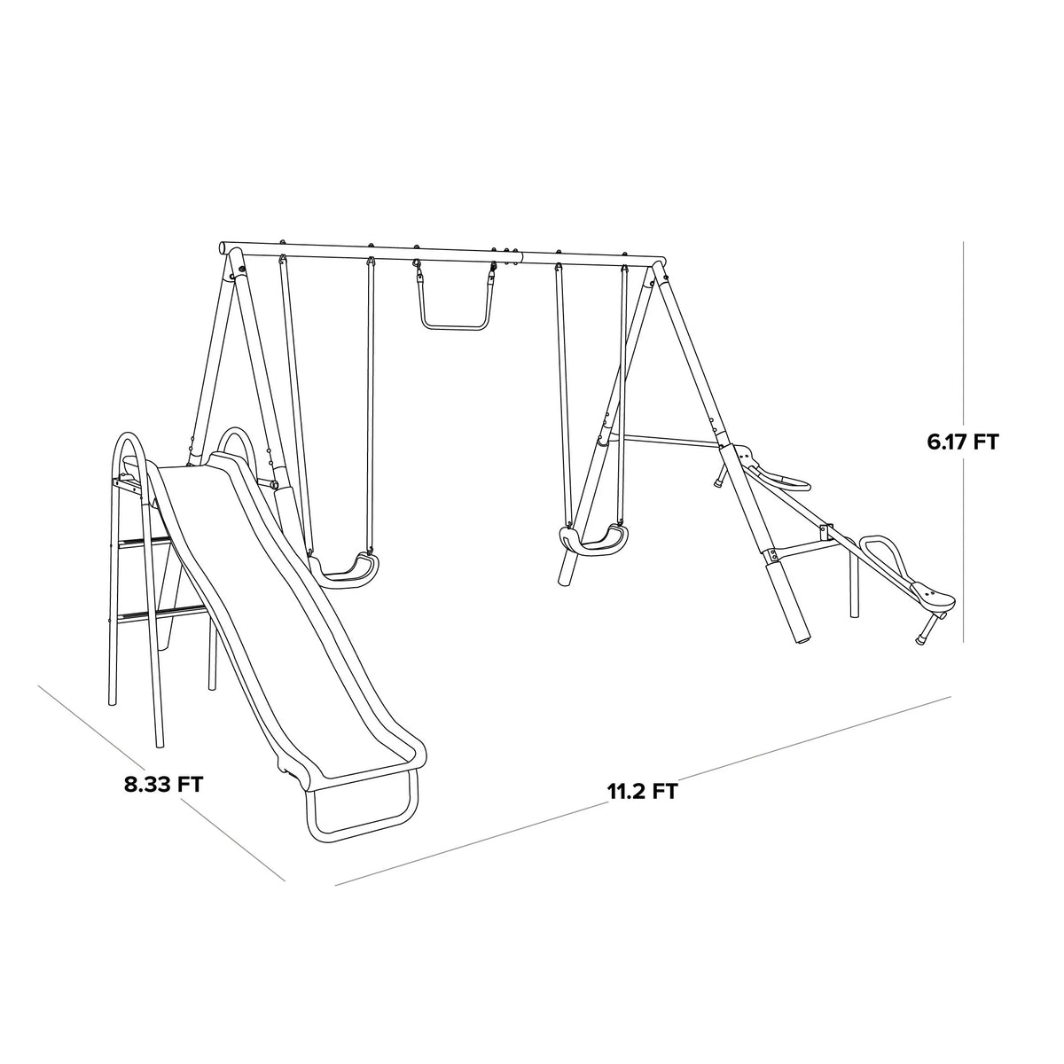 Metal Swing Set with Trapeze, Teeter-Totter, and 6' Double Wall Slide K9844