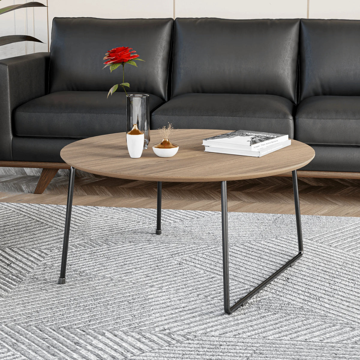 Mid Century Modern Round Coffee Table with Wood Top N950