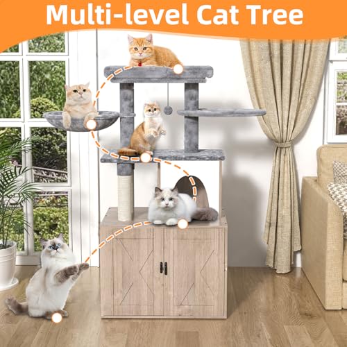 Grey Litter Box Enclosure with Cat Tree and Sisal Scratching Post R2079
