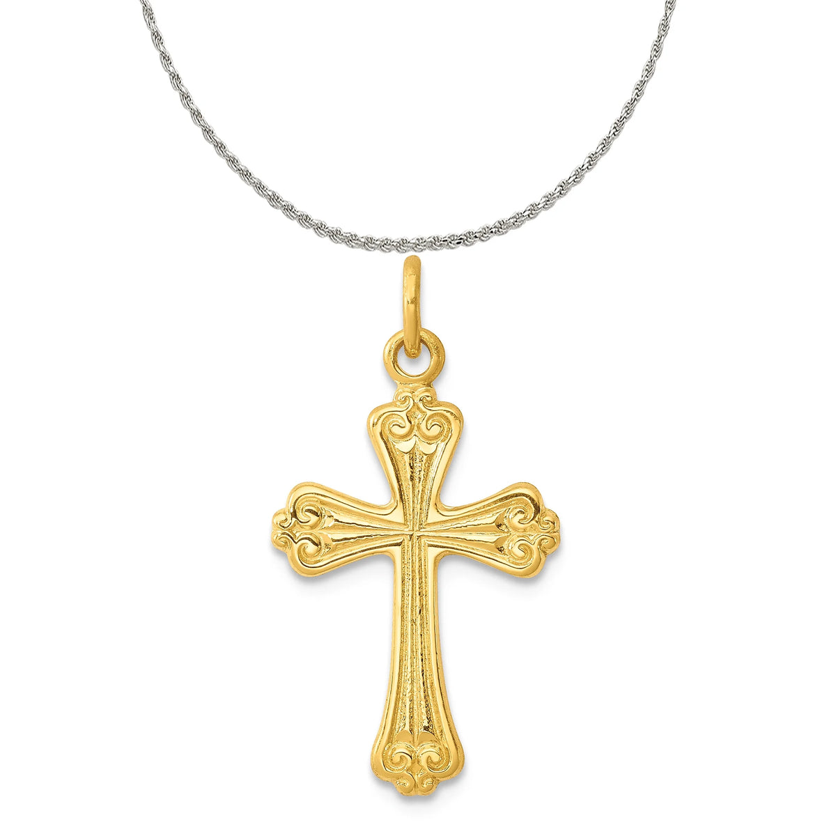 24K Cross Charm Pendant with Sterling Silver Rope Chain Necklace 20'' J7596