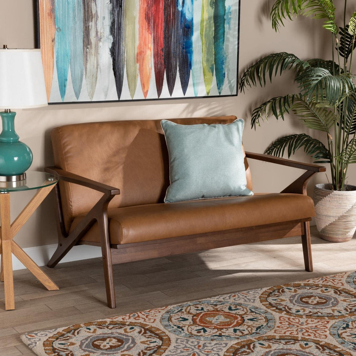 Walnut Brown Wood and Tan Faux Leather Loveseat P81556