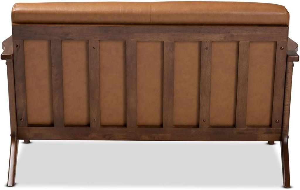 Walnut Brown Wood and Tan Faux Leather Loveseat P81556