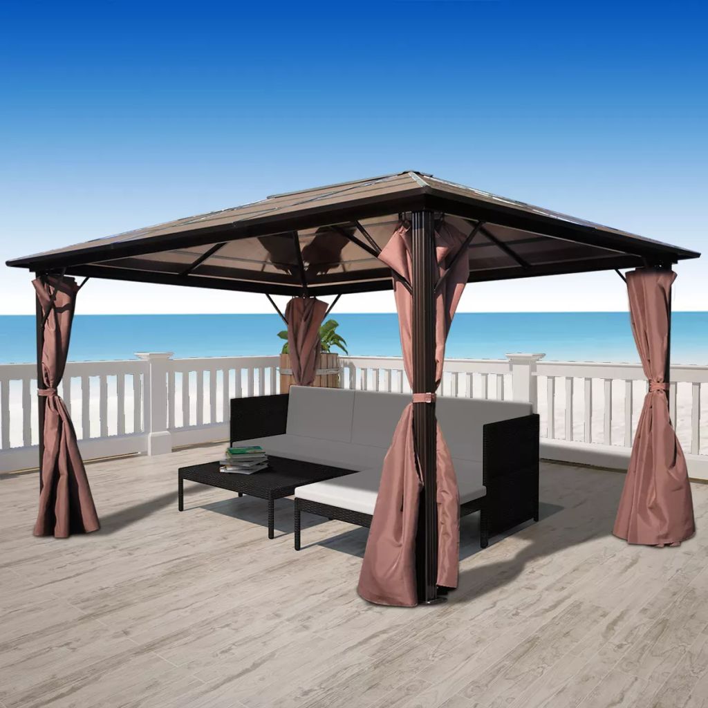 Gazebo with Curtain Sunshade Shelter Hook, Loop Fastener Sunlight Brown Aluminum 13' x 10' x 8' M76571
