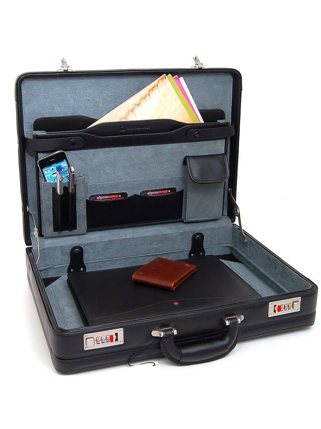 Expandable Leather Attache Briefcase Combination Locks Hard Case K70055