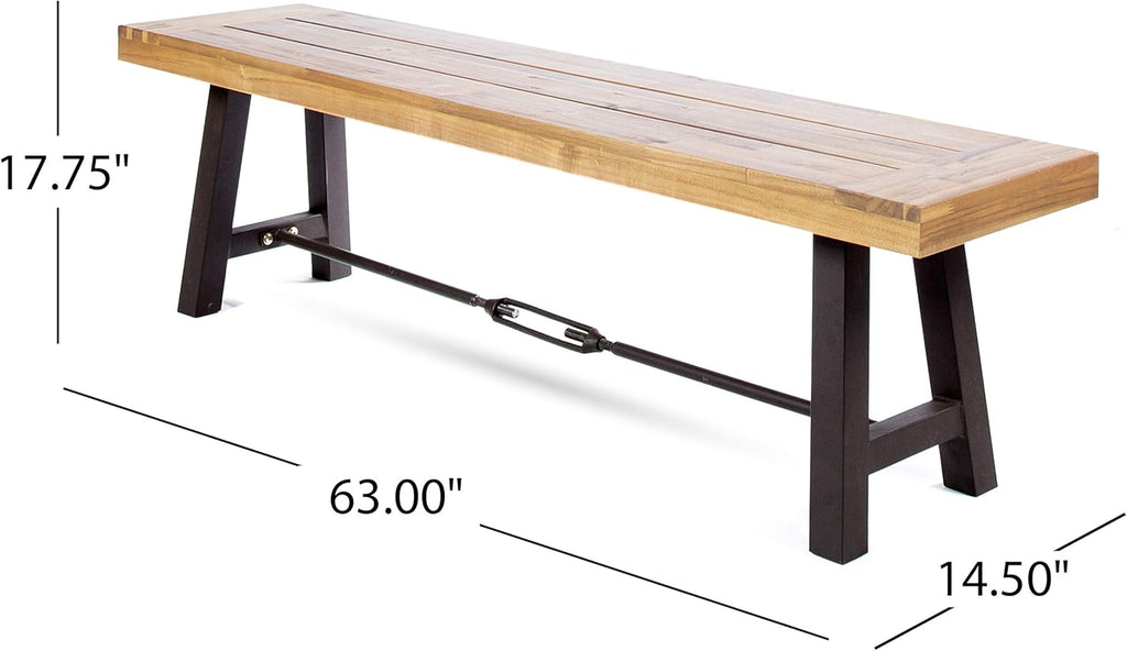 Teak Finish Acacia Wood Bench with Metal Accents P986