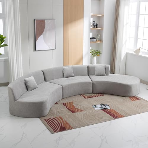 Grey Chenille Curved Sofa Sectional with Three Throw Pillows L9815